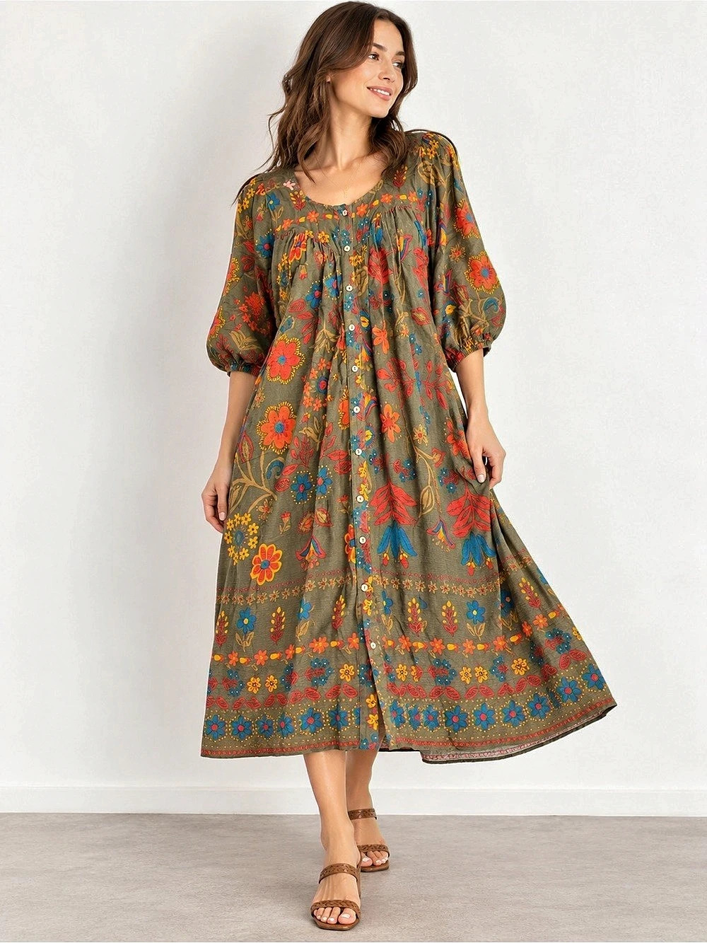 Easel Floral Midi Dress in Green & Orange Size Small Like New